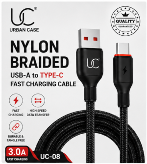 UC Urban Case UC-08 Nylon Braided USB-A to USB Type-C Fast Charging Cable | High-Speed Data Sync | Durable Braided Charging Cable | Black