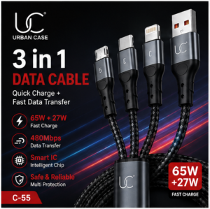 UC Urban Case C-55 3-in-1 Fast Charging Data Cable | USB-A to USB Type-C, Lightning & Micro USB | 65W + 27W Fast Charging | Nylon Braided | Black