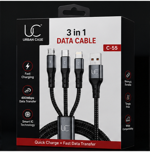 grid-piece-1-2-14.png UC Urban Case C-55 3-in-1 Fast Charging Data Cable | USB-A to USB Type-C, Lightning & Micro USB | 65W + 27W Fast Charging | Nylon Braided | Black