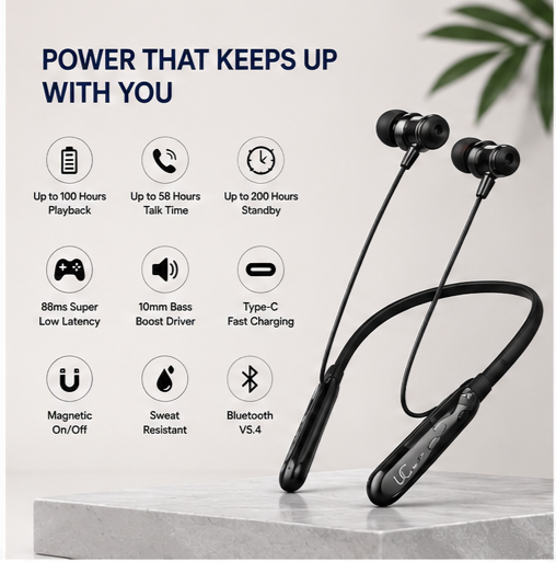 UC Urban Case UBT-12 Wireless Bluetooth Neckband Earphones | 100H Playback | Bluetooth 5.4 | USB Type-C Fast Charging | Magnetic Earbuds | Black