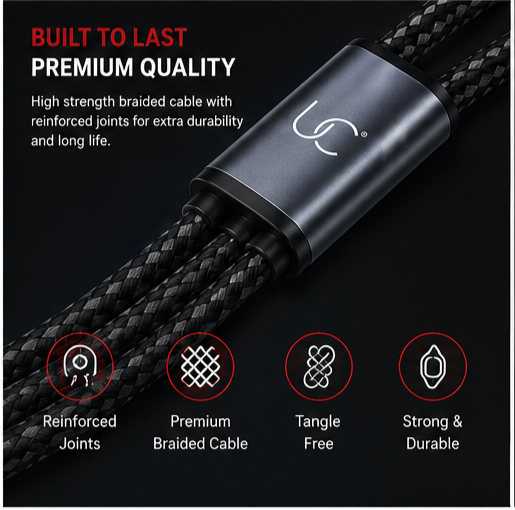 grid-piece-2-1-14.png UC Urban Case C-55 3-in-1 Fast Charging Data Cable | USB-A to USB Type-C, Lightning & Micro USB | 65W + 27W Fast Charging | Nylon Braided | Black