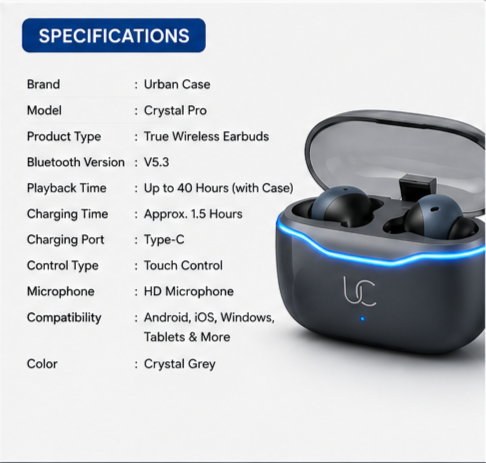 grid-piece-2-2-15.png UC Urban Case Crystal Pro True Wireless Earbuds | Bluetooth 5.3 | 40H Battery Backup | HD Stereo Sound | Smart Touch Control | Crystal Grey