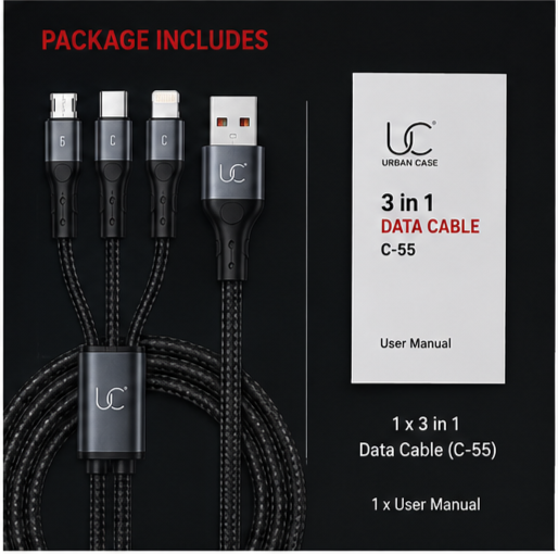 grid-piece-2-3-14.png UC Urban Case C-55 3-in-1 Fast Charging Data Cable | USB-A to USB Type-C, Lightning & Micro USB | 65W + 27W Fast Charging | Nylon Braided | Black