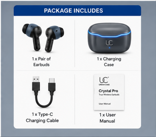 grid-piece-2-3-15.png UC Urban Case Crystal Pro True Wireless Earbuds | Bluetooth 5.3 | 40H Battery Backup | HD Stereo Sound | Smart Touch Control | Crystal Grey
